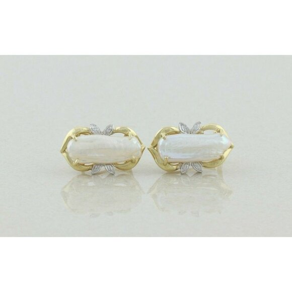 14k Yellow Gold Keshi Pearl and Diamond Earrings Lever Back Earrings - Picture 1 of 11
